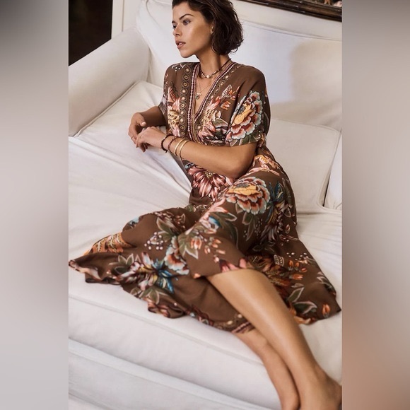 Farm Rio Valentina Brown Midi Dress - Picture 2 of 6